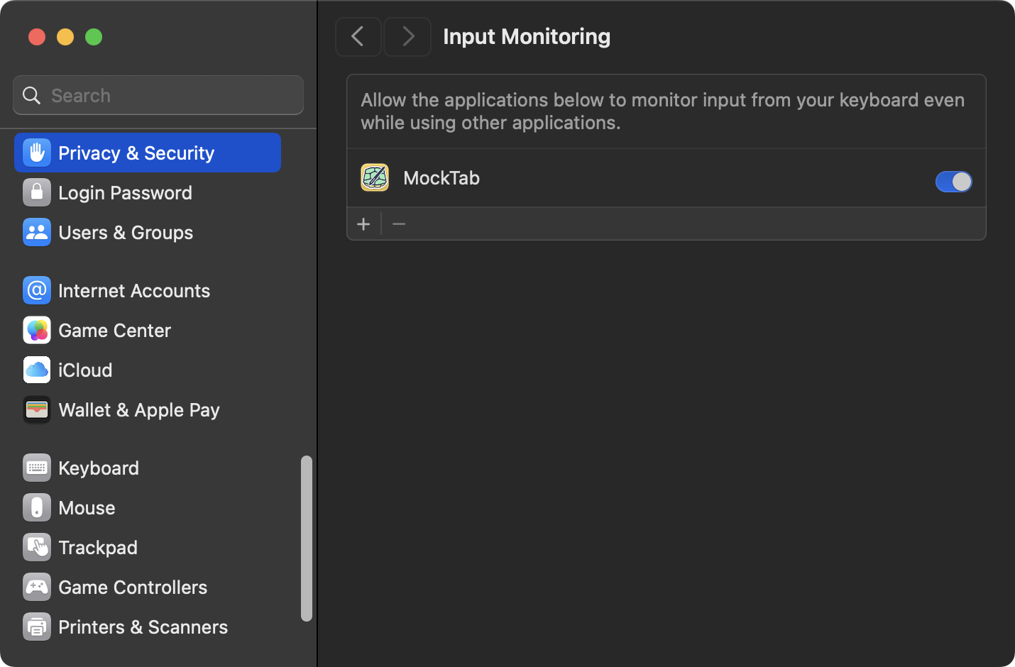 System Settings Input Monitoring pane with MockTab toggled on (dark)
