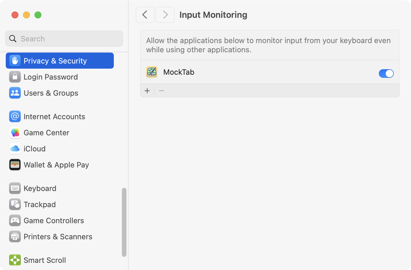 System Settings Input Monitoring pane with MockTab toggled on
