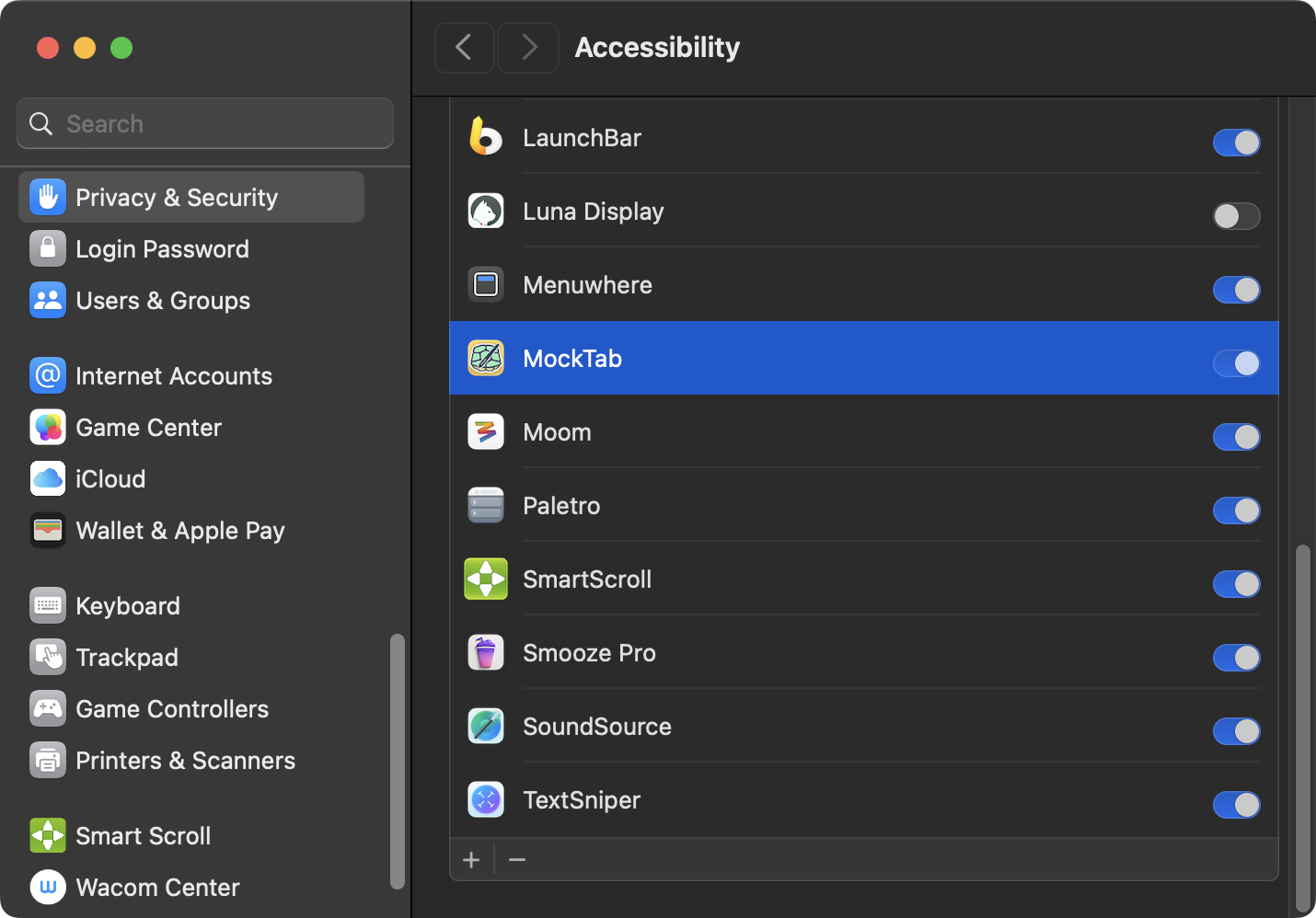 System Settings Accessibility pane with MockTab toggled on (dark)
