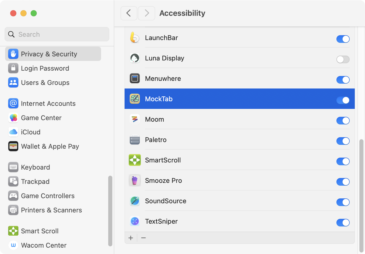 System Settings Accessibility pane with MockTab toggled on