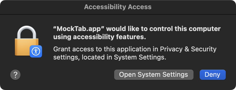 macOS prompt asking to allow MockTab to control the computer using accessibility features (dark)