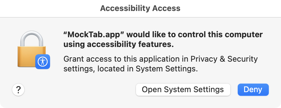 macOS prompt asking to allow MockTab to control the computer using accessibility features