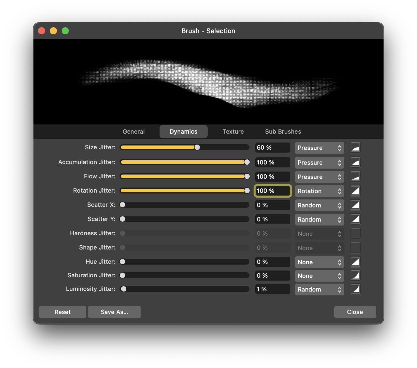 Affinity brush dynamics panel with rotation bound to nib angle