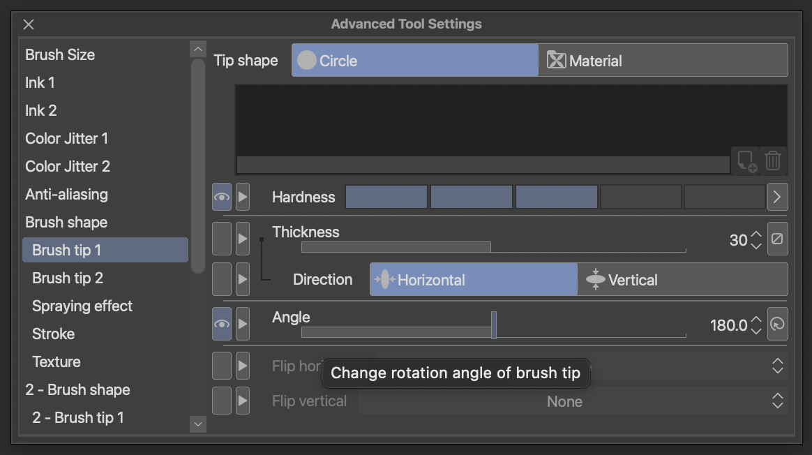 Clip Studio Paint Advanced Tool Settings with the Angle control for brush tip rotation