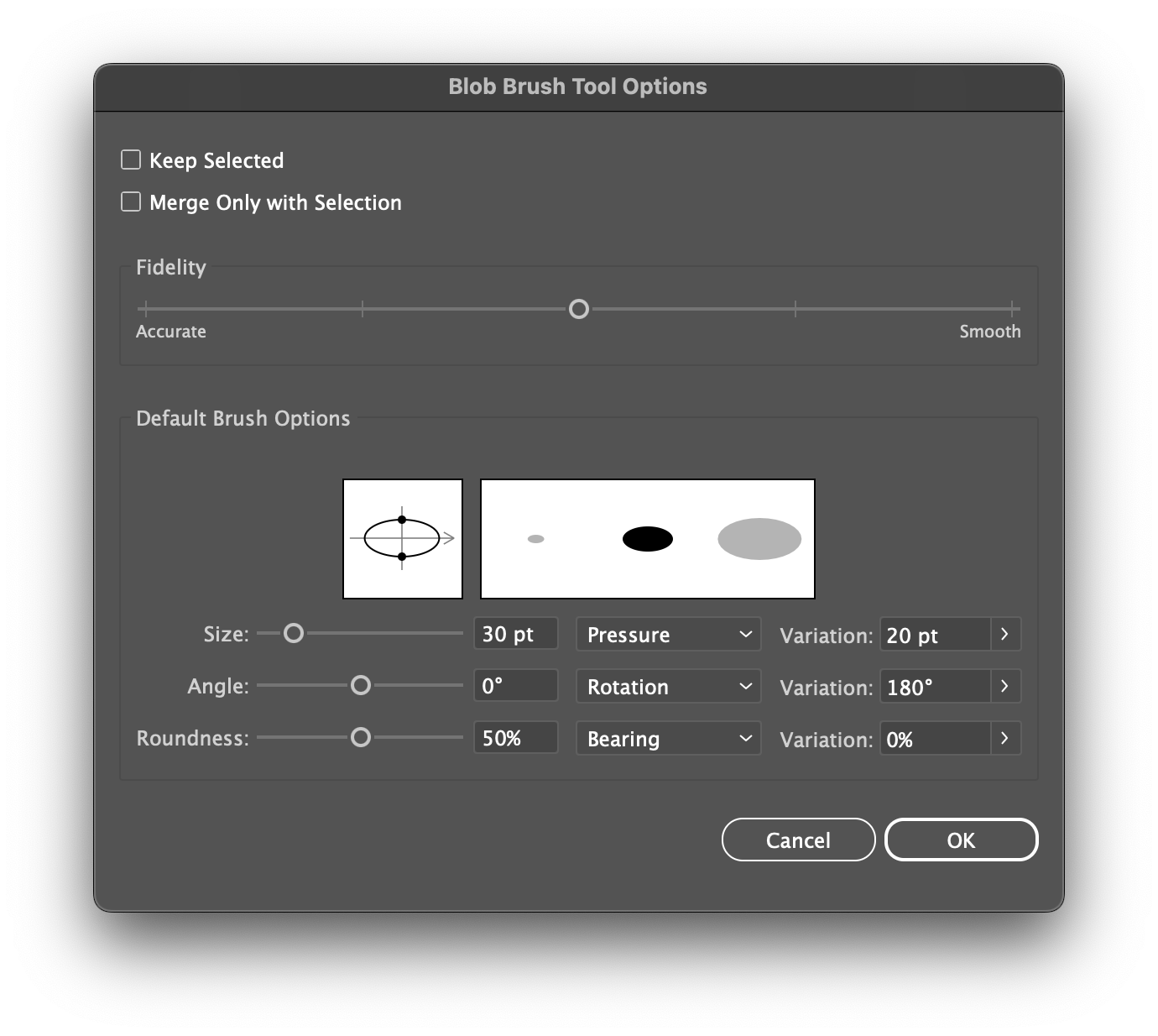 Illustrator calligraphic brush options with Angle variation set to Stylus Wheel