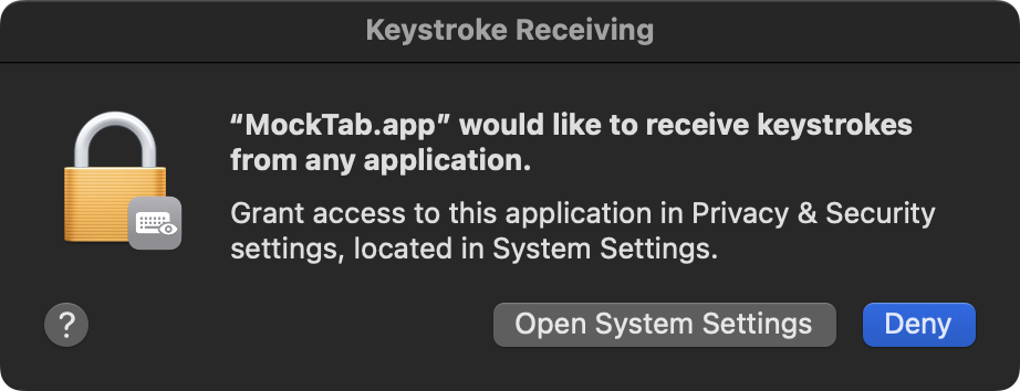macOS prompt asking to allow MockTab to monitor input (dark)