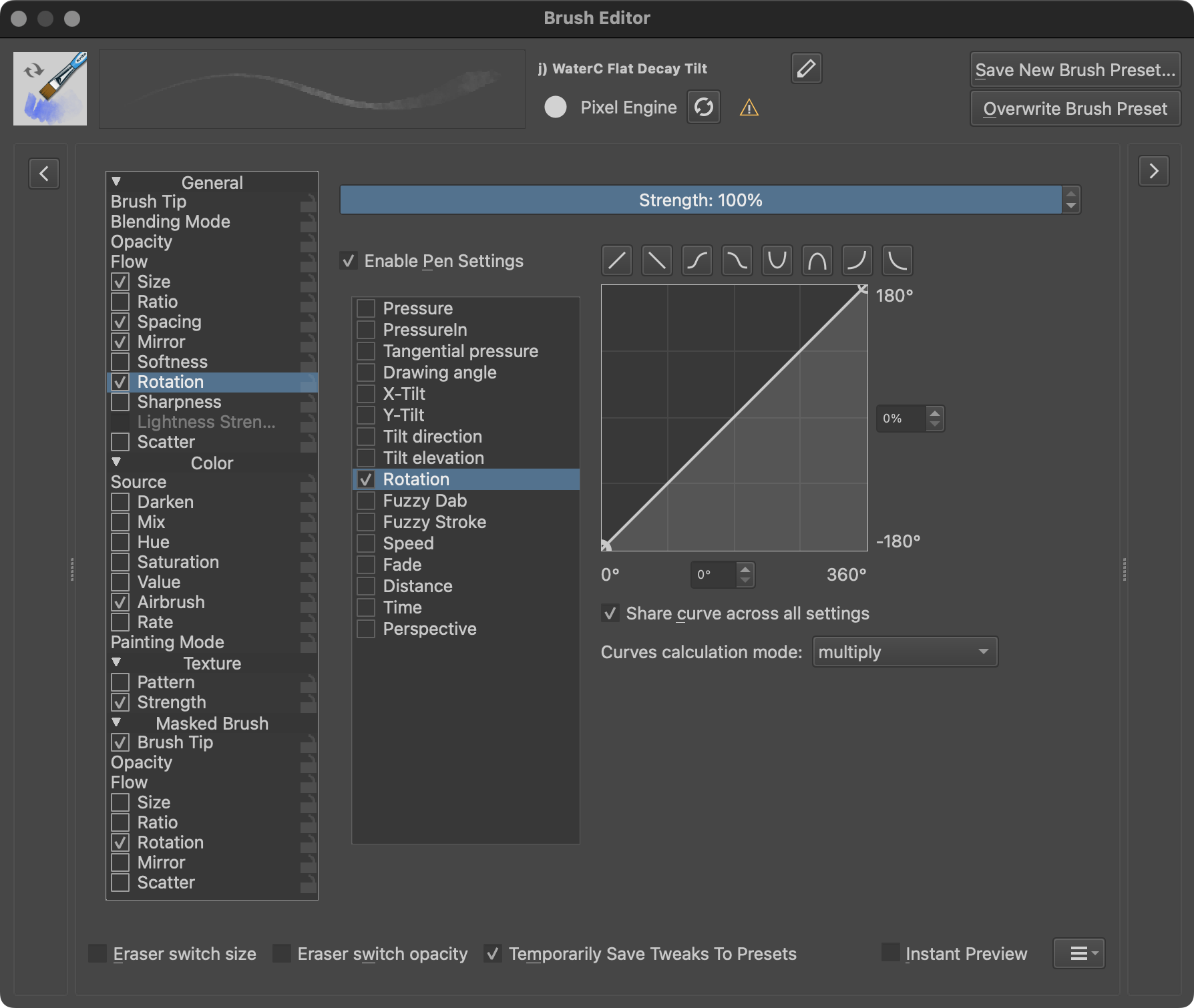 Krita brush editor with the Rotation sensor enabled
