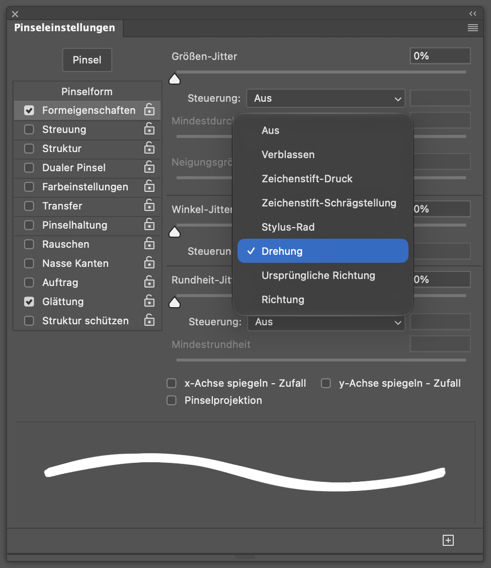 Photoshop brush settings with the Angle Jitter control set to Rotation
