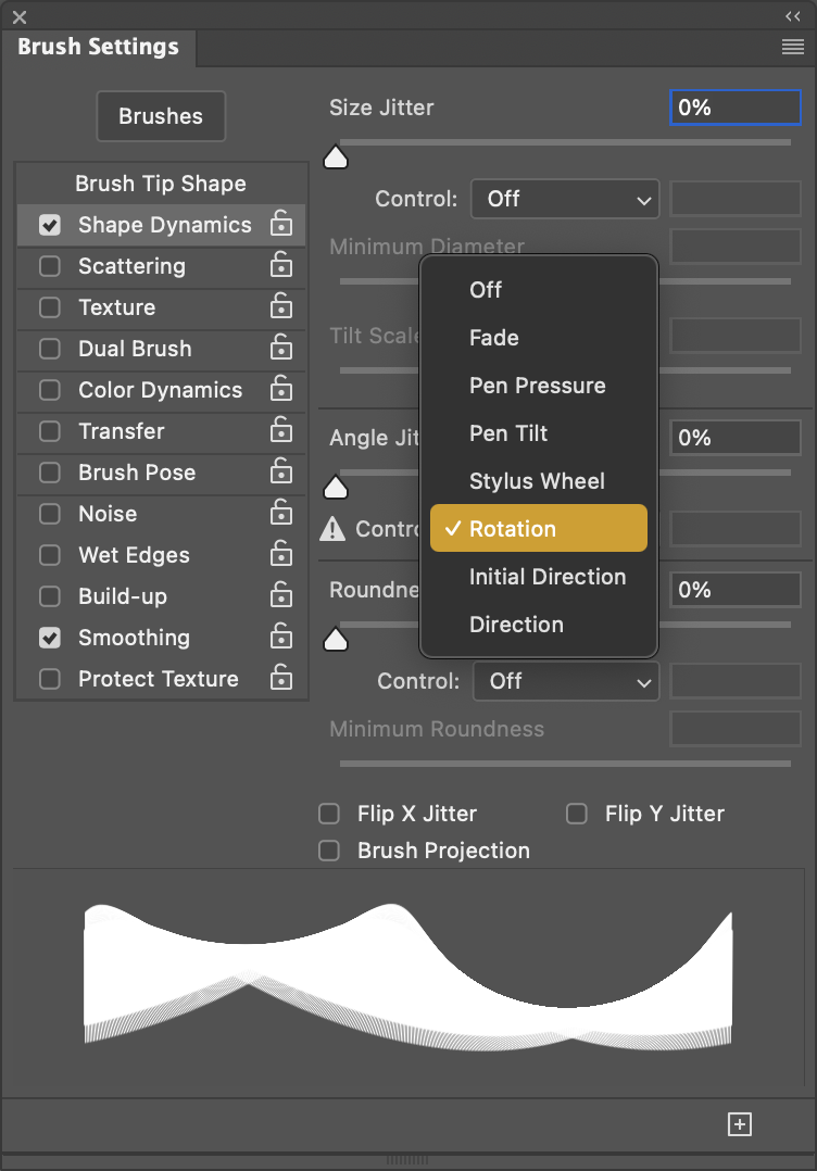 Photoshop brush settings showing rotation behavior warning