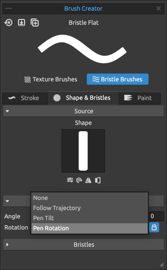 Rebelle brush settings panel with rotation-driven nib enabled