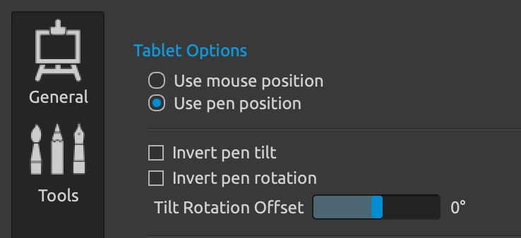 Rebelle application settings for tablet behavior
