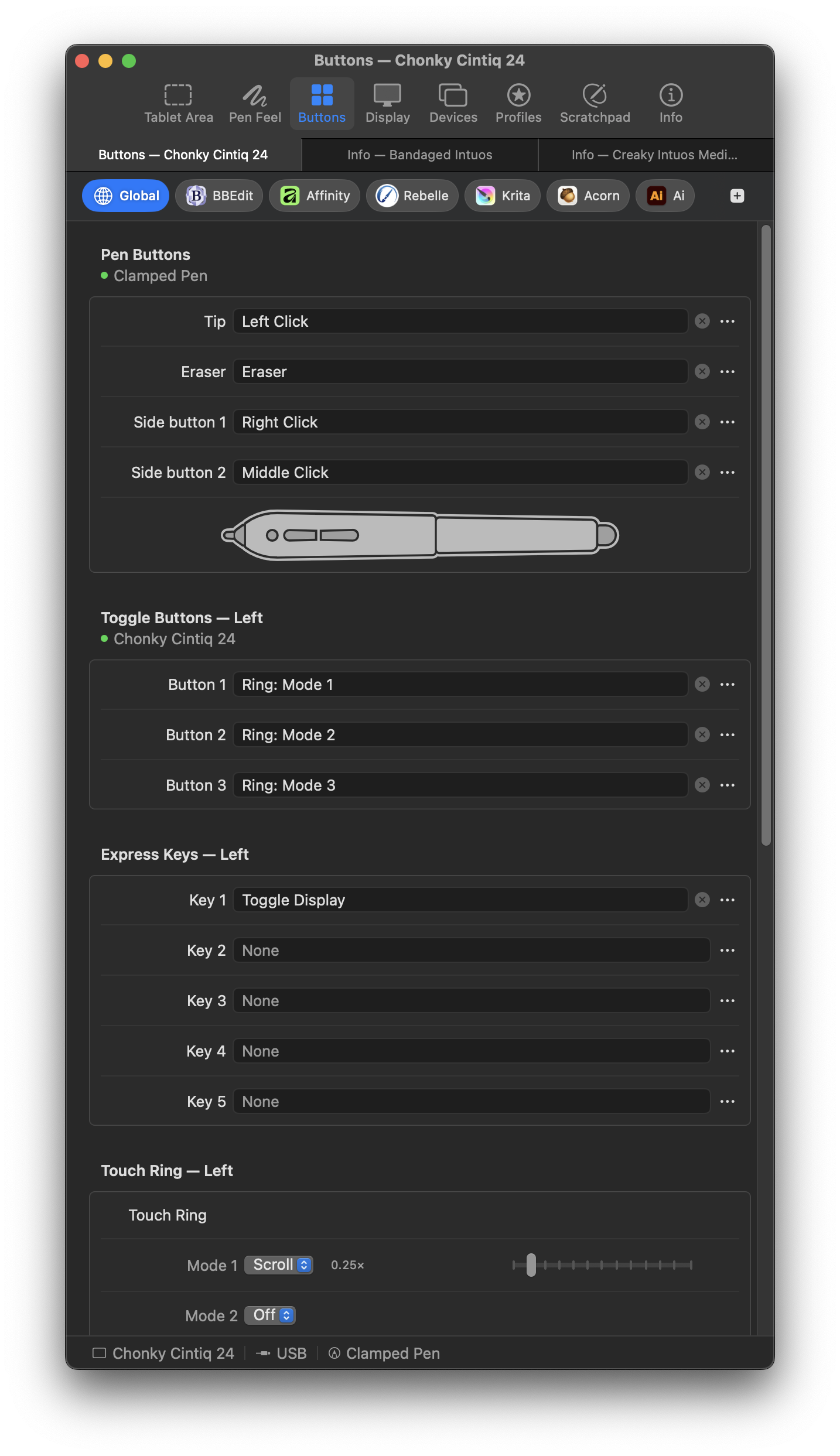 Button mapping panel for barrel buttons, touch ring, and express keys (dark theme)