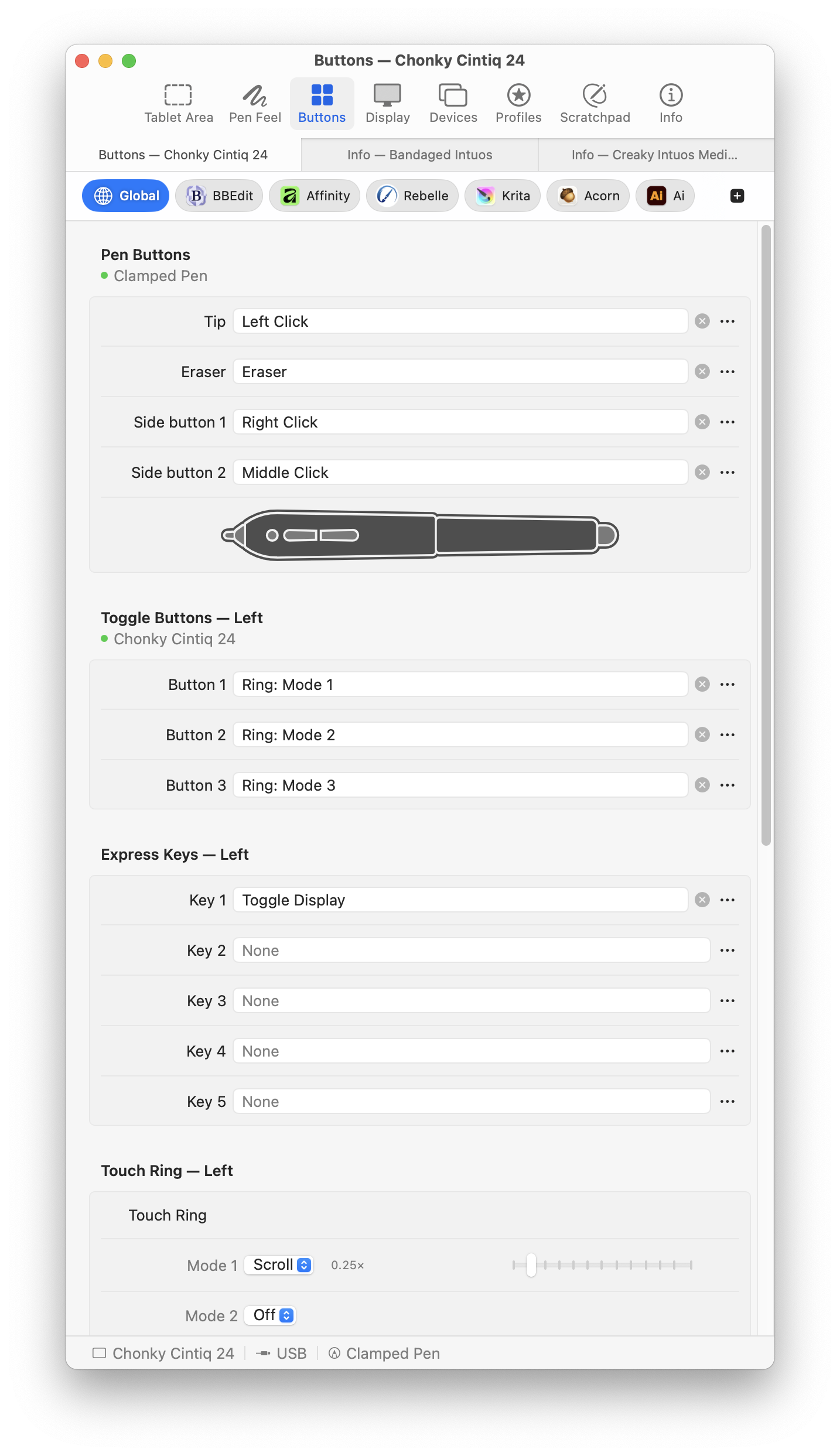 Button mapping panel for barrel buttons, touch ring, and express keys