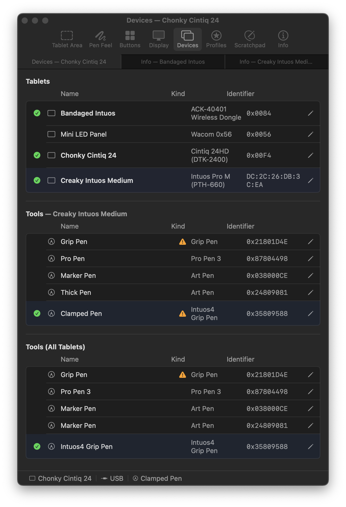 MockTab Devices pane listing a connected tablet (dark theme)