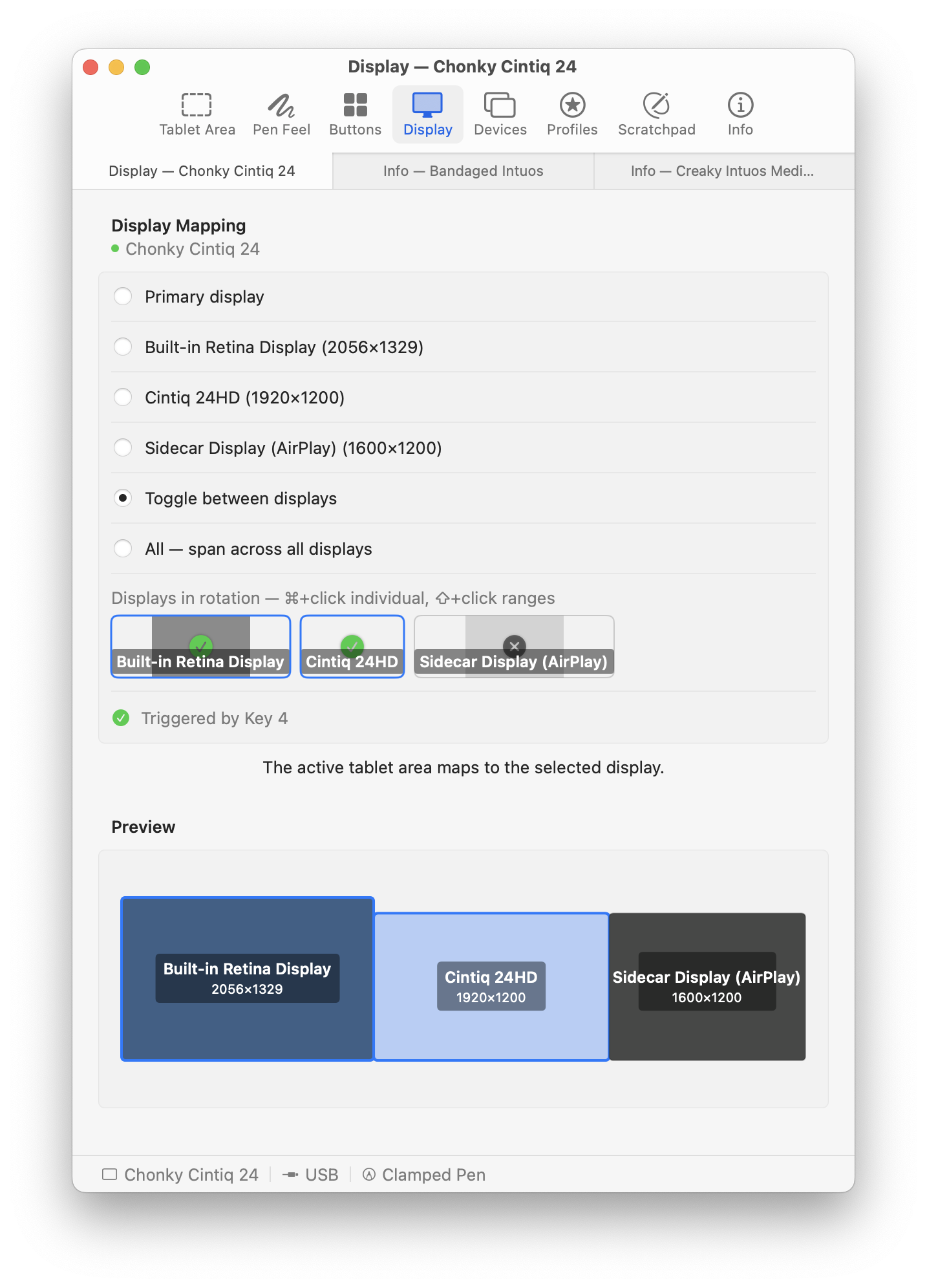 Display mapping panel routing the tablet to a chosen monitor
