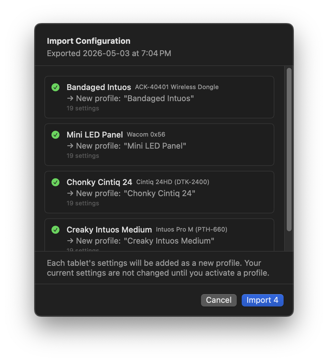 Profile import dialog (dark theme)