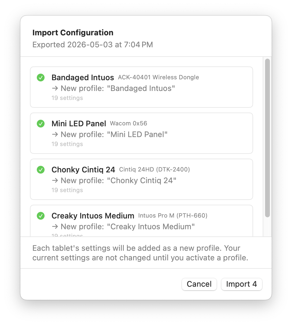 Profile import dialog