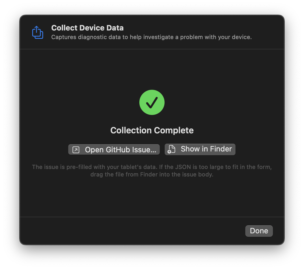 MockTab data collection complete screen with GitHub issue button (dark theme)