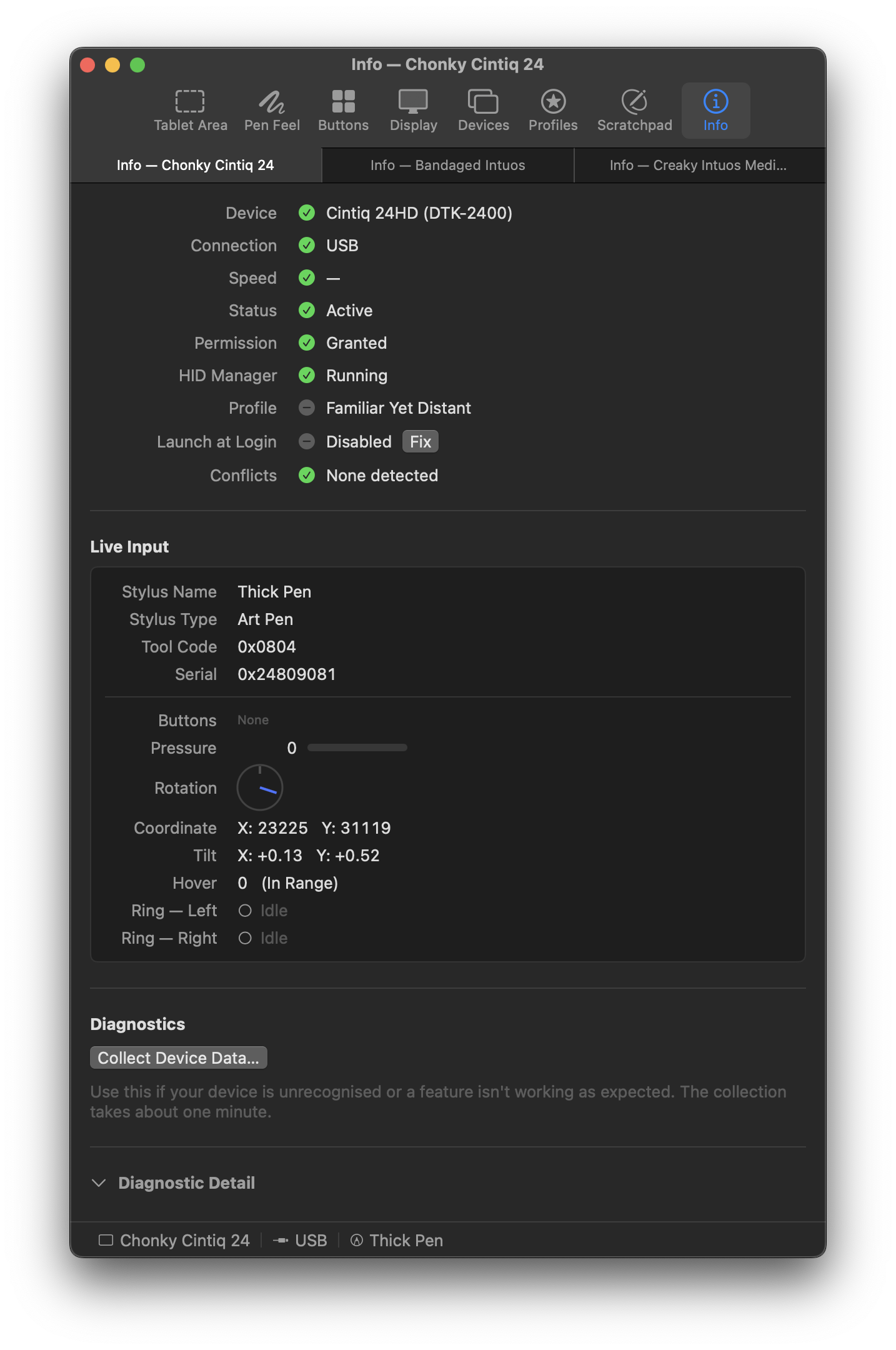 MockTab Info pane with live tablet state values (dark theme)