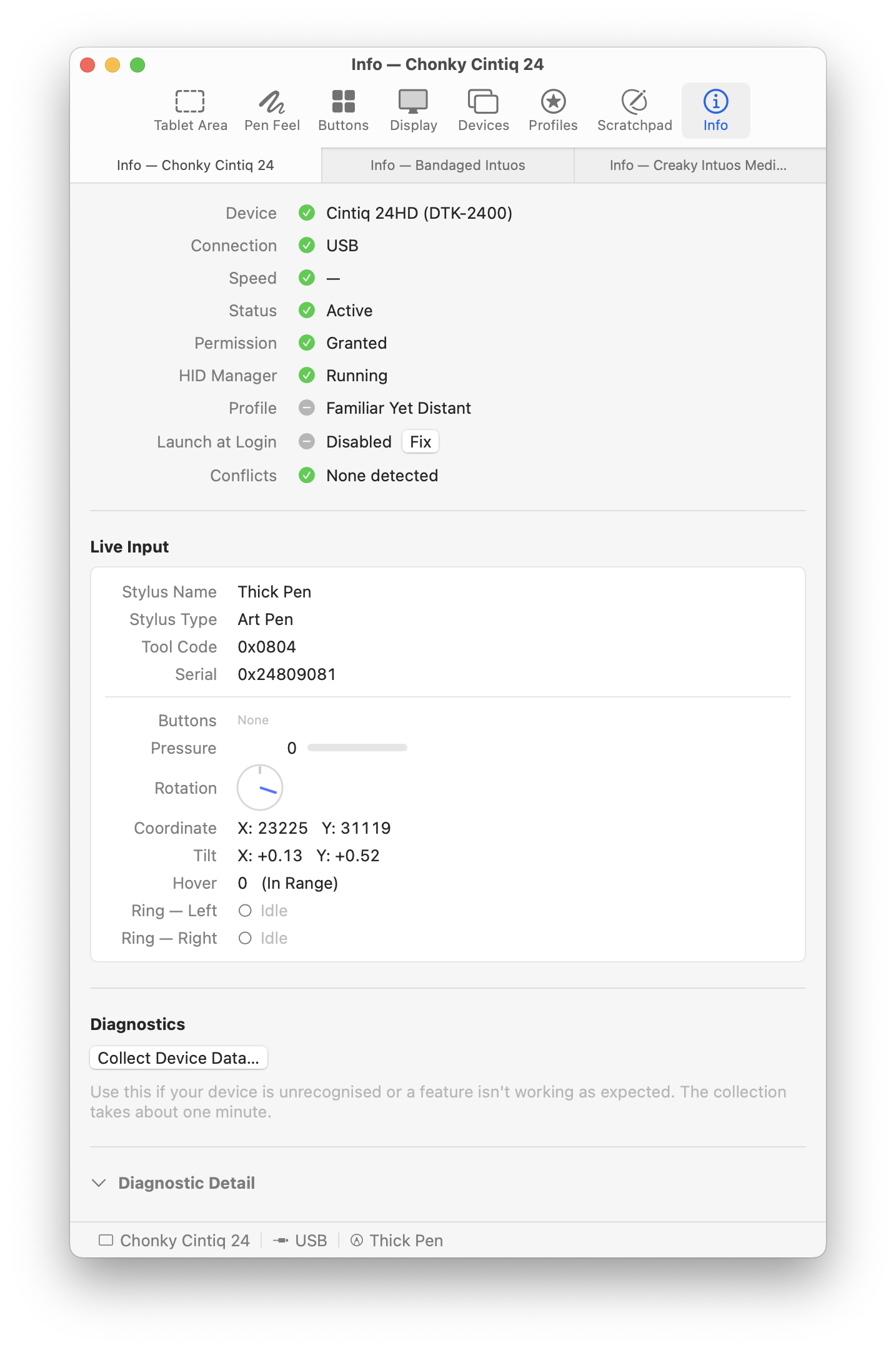 MockTab Info pane with live tablet state values