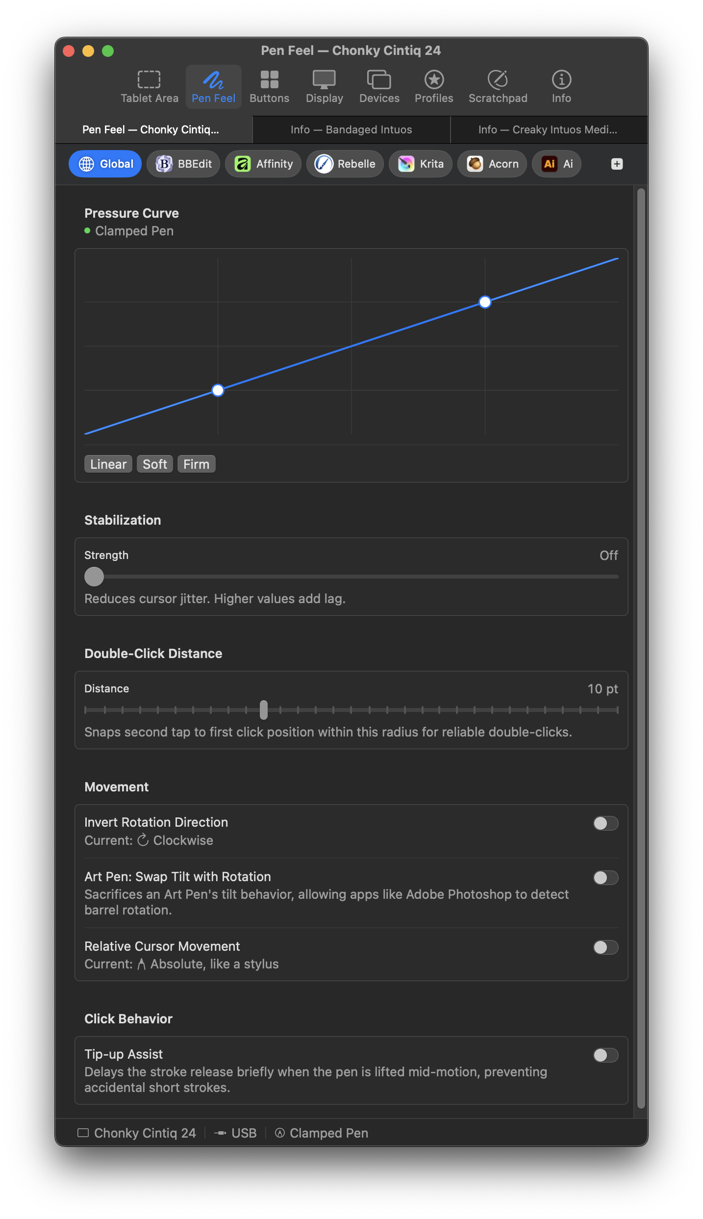 Pressure curve editor showing a two-point Bézier curve and Linear, Soft, Firm presets (dark theme)