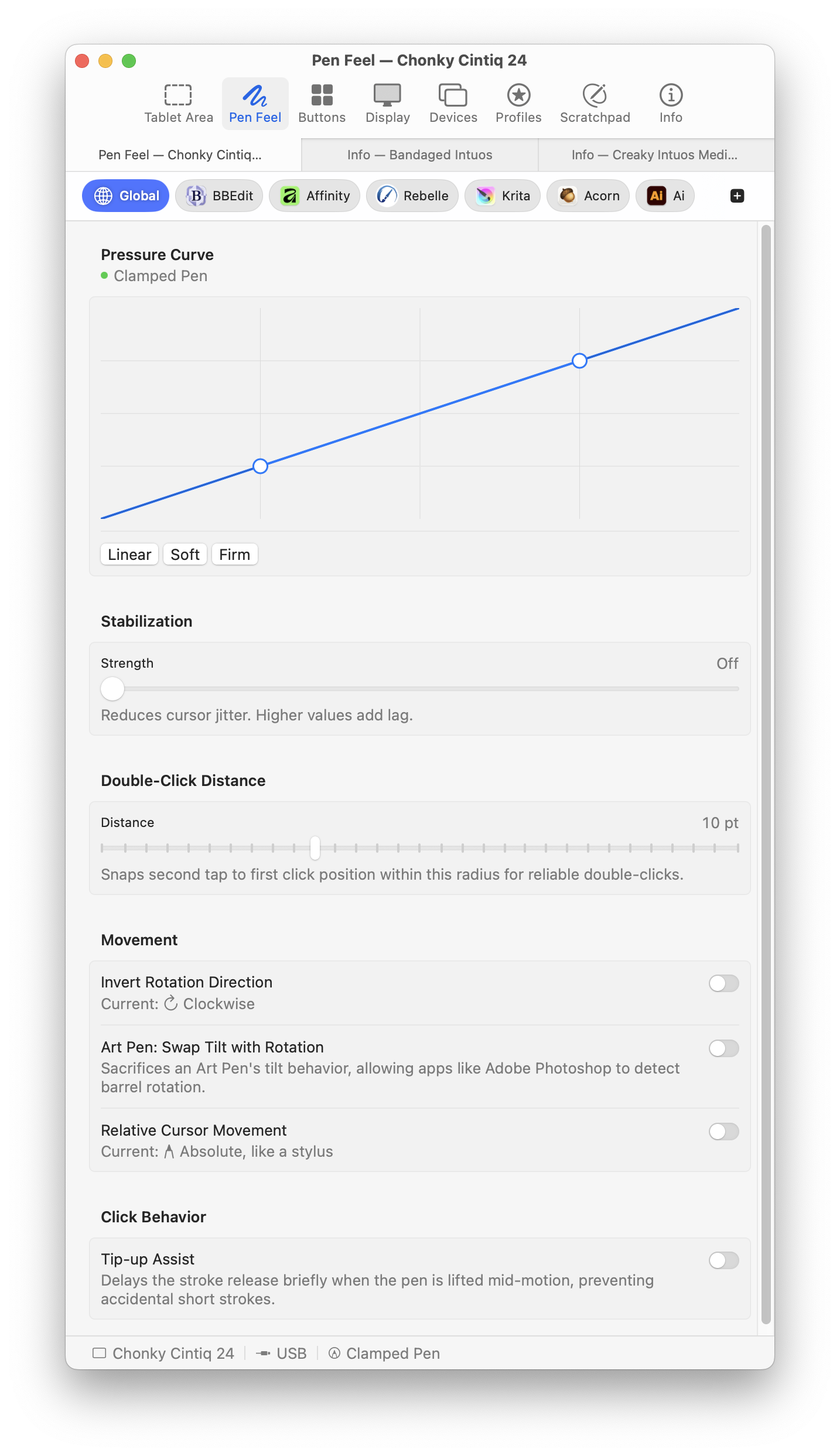 Pressure curve editor showing a two-point Bézier curve and Linear, Soft, Firm presets