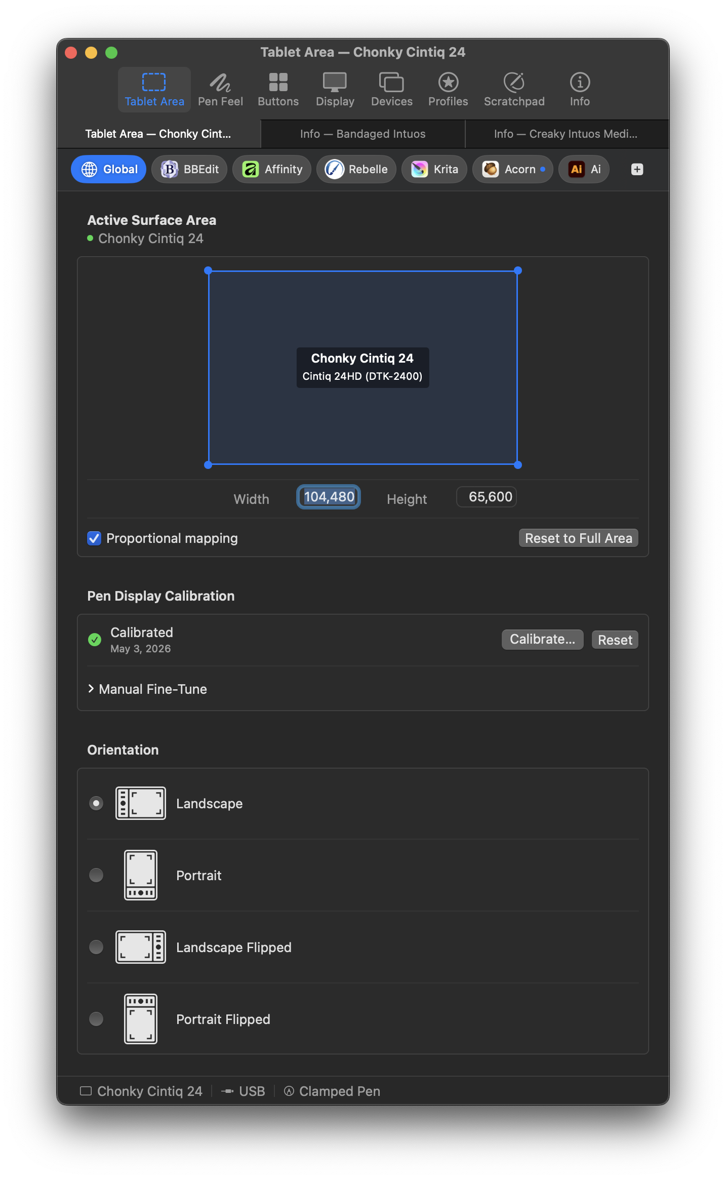MockTab tablet area settings (dark)