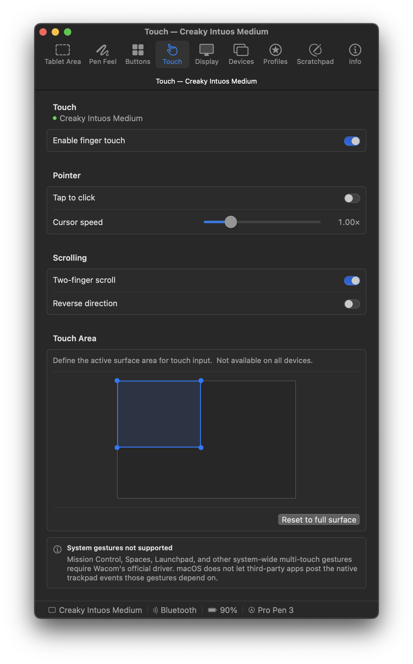 MockTab Touch pane with two-finger scroll controls and touch area crop editor (dark theme)
