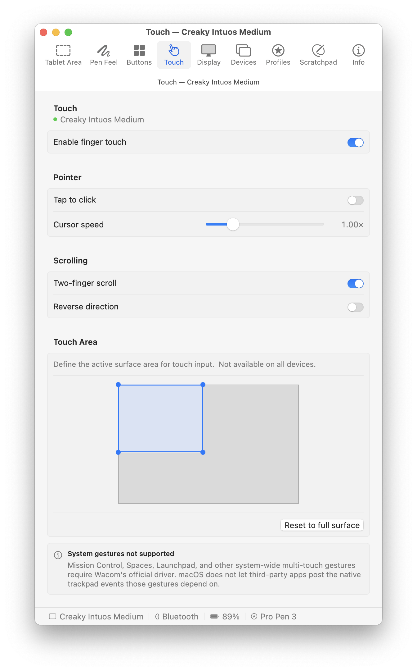 MockTab Touch pane with two-finger scroll controls and touch area crop editor